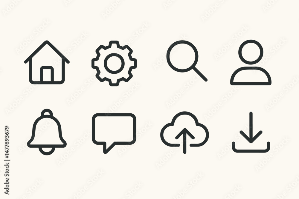 Aufkleber essential user interface icons in minimal line style vector