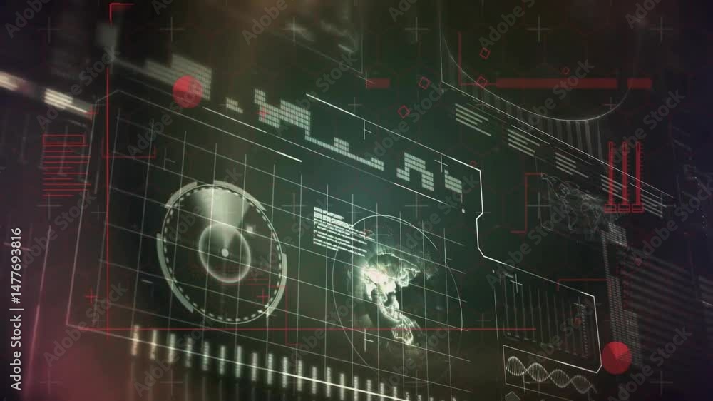 Poster 3d render hud projecting hexagon grid with data bars, showing circular gauge and rotating earth