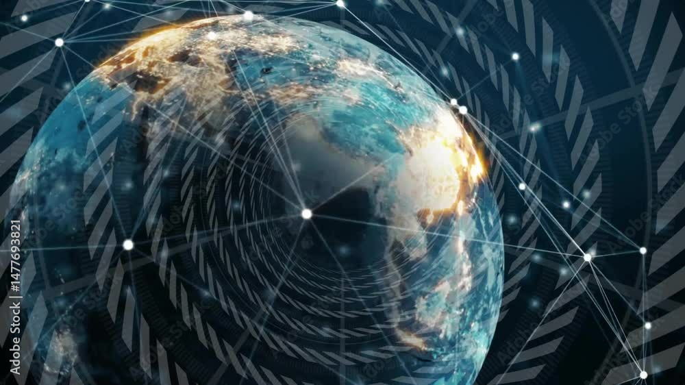 Poster earth globe being visualized in space, linking glowing network nodes through swirling 3d geometry