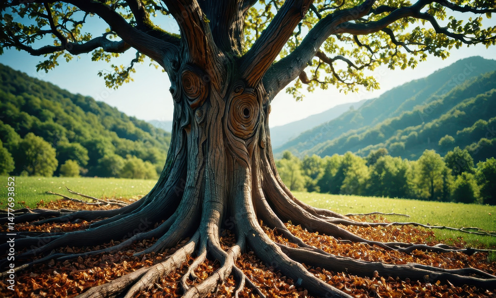 Poster a close-up view of a large tree's roots spreading out from the trunk