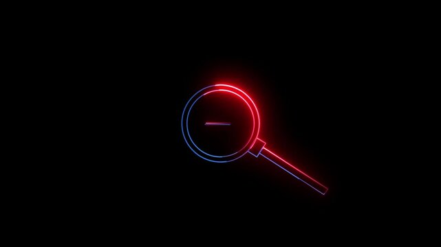 Zoom out   neon icon glowing neon animation black background 4k video  neon animation .Magnification glass, Search engine optimization.
