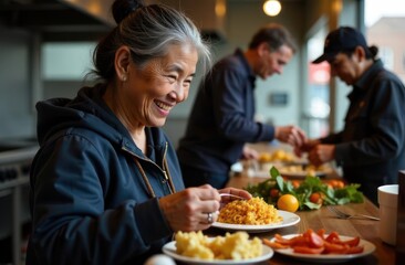 elderly asian woman smiling while enjoying meal in communal kitchen. diverse group preparing food in background. community, sharing, nutrition. social connection, teamwork