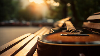 Obraz premium Acoustic guitar on a wooden bench, a moment of quiet inspiration
