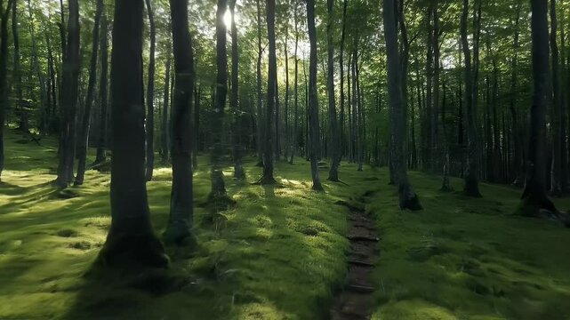 Sun Drenched Green Forest Path with Moss Covered Ground and Tall Trees in Serene Landscape