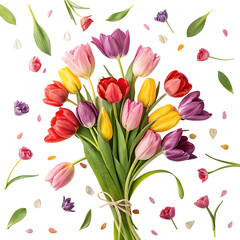 Obraz premium Top-Down View of Blooming Tulip Bouquet with Mixed Colors and Vibrant Petals in Natural Light