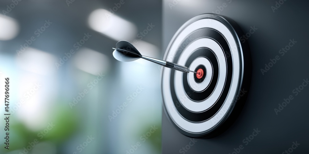 Aufkleber a black and white dartboard with a dart in the center, set against a blurred office background. the 