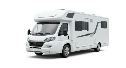 A white camper van on a white background in a studio shot at eye level view