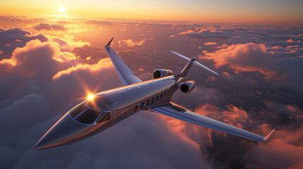A private jet soars above the clouds at sunset, reflecting golden light as it flies through a stunning sky.