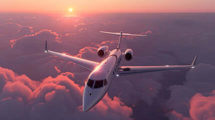 Fototapeta premium A sleek private jet flies above pink clouds during a stunning sunset.