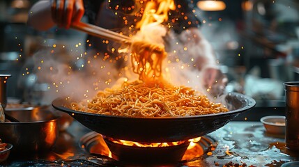 Delicious Noodles Stir-fried in a Wok over Open Flames Authentic Asian Street Food Cuisine