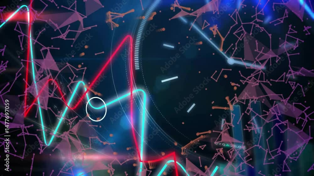 Poster neon data visualization elements being animated in 3d hud, with waveforms and bar charts