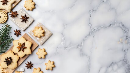 Christmas gingerbread cookies with star anise on a marble background