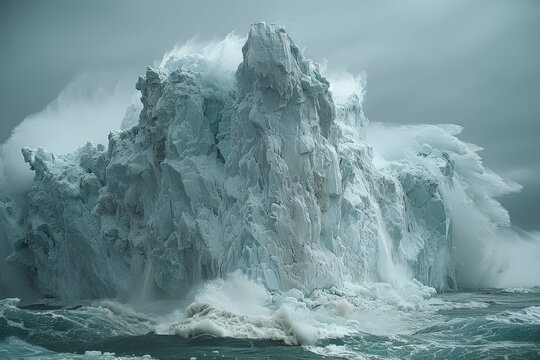 Majestic iceberg calving into the ocean under stormy skies near Greenland