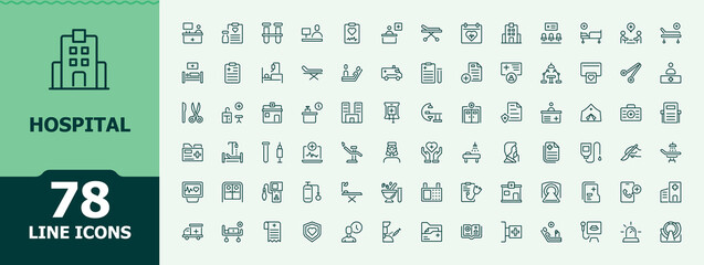 Hospital vector line icon set. Included healthcare, pharmacy, doctor, medical and more. Medical Center linear icon collection. Minimal icons pack. Editable stroke vector art.