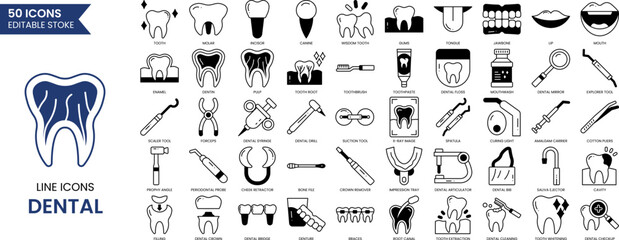 Dental icon set in duotone style. Containing tooth, toothpaste, toothbrush, wisdom tooth, tooth extraction, braces, cavity and more. Vector illustration