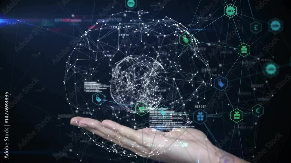 Poster hand supporting floating holographic 3d network sphere, displaying commerce icons and data overlays