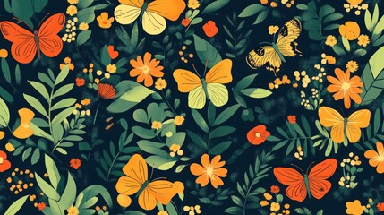 Vibrant floral pattern with butterflies