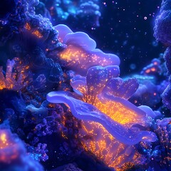 Obraz premium Submerged Wonders: Illuminated coral formations dance within the dark blue expanse of the deep sea, offering a glimpse into an otherworldly underwater paradise.