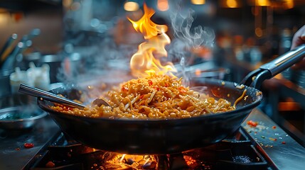 Delicious Stir-fried Noodles Cooking in Fiery Wok, Authentic Asian Cuisine Restaurant Food Photography