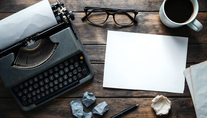 An evocative flatlay of an antique typewriter, glasses, coffee cup, pen, paper on a wooden table, set a scene of creativity and intellectual pursuits. 