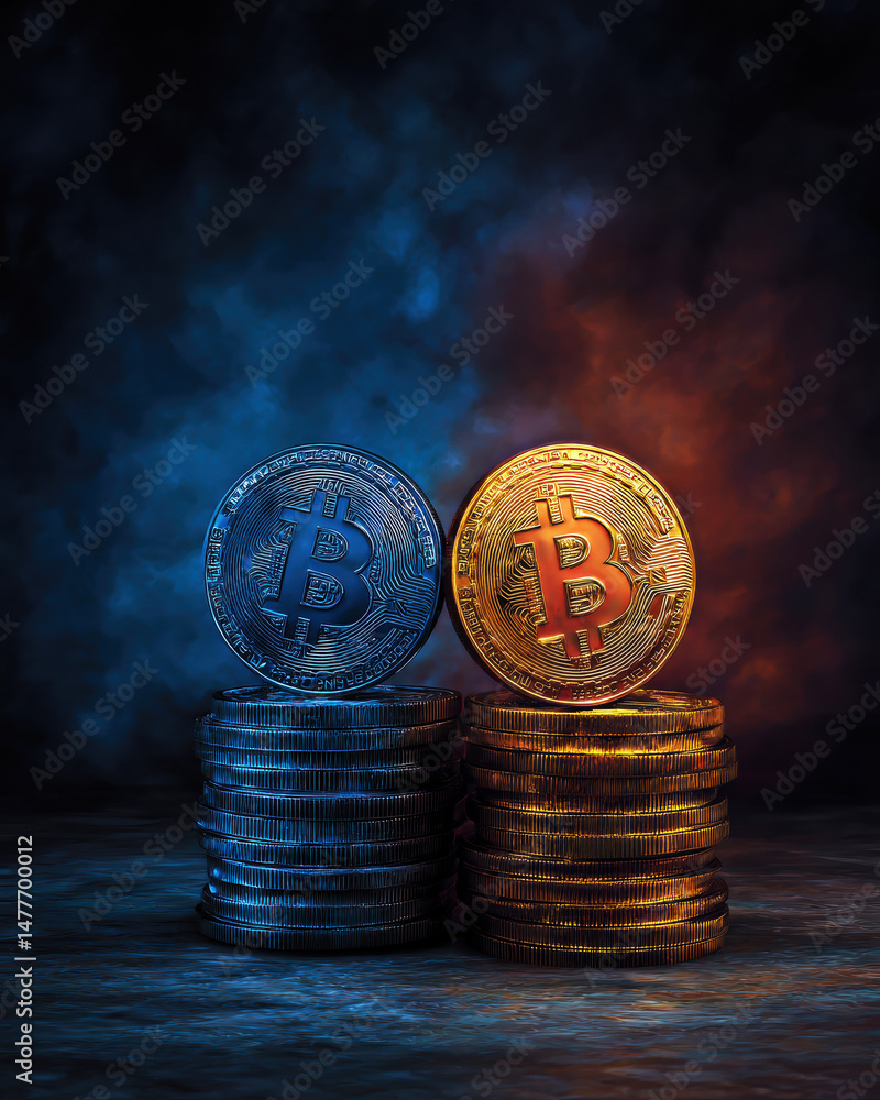Poster explore the contrasting visual representation of bitcoin with meticulously stacked silver and gold c