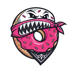 Create a digital illustration of a stylish donut wearing a bandana, possessing sharp teeth, in a vibrant, cartoonish style.