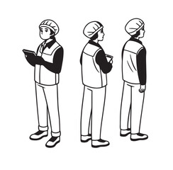 Manufacture quality control worker wearing hairnet, uniform holding scanner. Character for animation. Front, side and back view set. Body parts, postures, poses collection. Vector illustration