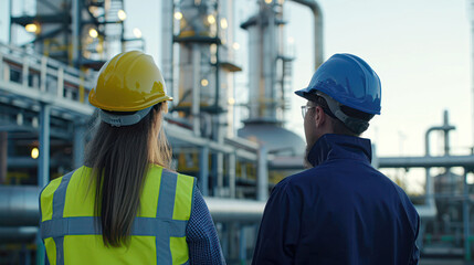 Two engineers in safety gear inspect an industrial facility with pipes and metal structures in the background.