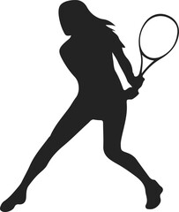 Silhouette of Female Tennis Player Swinging Racket, Dynamic Black Vector Illustration of Sports Action