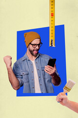 Image zine vertical sketch of anonym repair-woman man hold roller brush renovation wall paining...