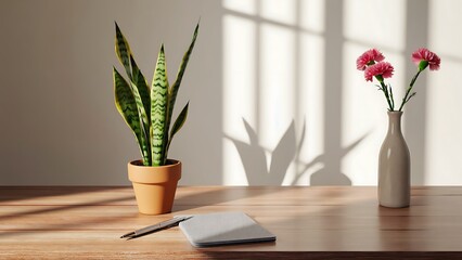 Fototapeta premium Flowers and a plant on a wooden table