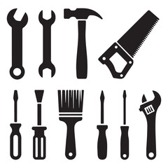 Set of Silhouettes of Various Hand Tools Including Hammers, Wrenches, Saws, and Screwdrivers – Black Icons for Construction, Repair, and Manual Labor