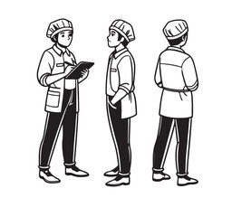 Manufacture quality control worker wearing hairnet, uniform holding scanner. Character for animation. Front, side and back view set. Body parts, postures, poses collection. Vector illustration