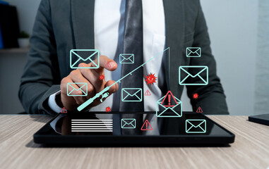 Cybersecurity concept: Spam and phishing messages on screen with computer virus alerts and digital danger warnings
