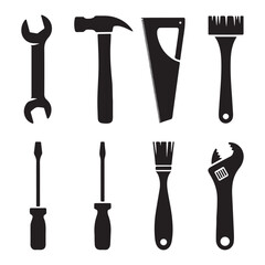 Set of Silhouettes of Various Hand Tools Including Hammers, Wrenches, Saws, and Screwdrivers – Black Icons for Construction, Repair, and Manual Labor