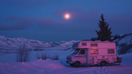 Winter Solitude, A Recreational Vehicle Under the Moon in a Snowy Landscape