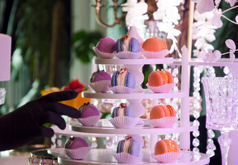 Macaron pyramid on candy bar.Banquet catering table.Corporate birthday party event or wedding celebration.