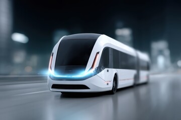 Obraz premium Futuristic white autonomous bus driving on a city road at night, illuminated by blue lights. Sleek design, smooth surface, modern transportation.