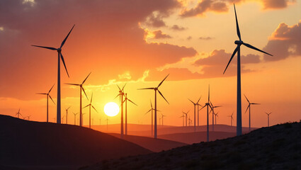 Obraz premium Wind turbines silhouetted against a breathtaking sunset, showcasing renewable energy's power and beauty. The fiery sky provides a dramatic backdrop to these modern structures.