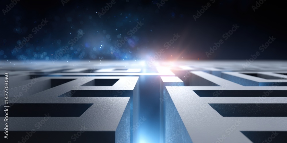 Aufkleber abstract 3d rendering of a metallic maze with glowing light at the end, suggesting a path to a solut