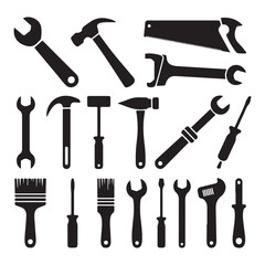 Set of Silhouettes of Various Hand Tools Including Hammers, Wrenches, Saws, and Screwdrivers – Black Icons for Construction, Repair, and Manual Labor