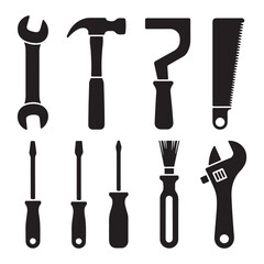 Set of Silhouettes of Various Hand Tools Including Hammers, Wrenches, Saws, and Screwdrivers – Black Icons for Construction, Repair, and Manual Labor