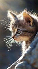 Obraz premium Sunlit Kitten's Curious Gaze, A Portrait of Youthful Wonder