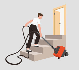 Woman vacuuming stairs with a red vacuum cleaner indoors