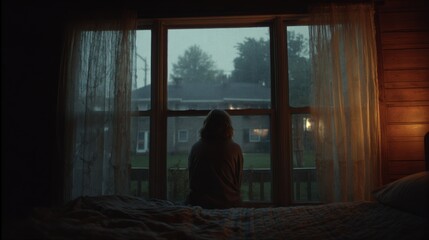 A woman sits upright in bed with her back to camera, in the lower center of frame. The window in front of her is modest and old, with wooden cross beams dividing the panes.