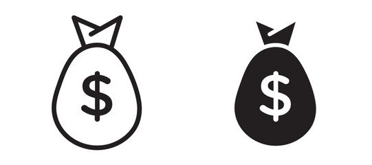 Money bag icon in black modern and lines and solid