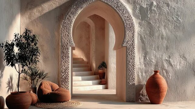 Warm earthy tones highlight intricate archways and cozy decor inviting tranquility