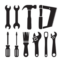 Set of Silhouettes of Various Hand Tools Including Hammers, Wrenches, Saws, and Screwdrivers &ndash; Black Icons for Construction, Repair, and Manual Labor