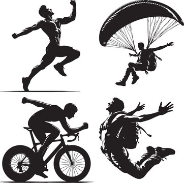 Black and white silhouette illustration of various extreme sports activities set art