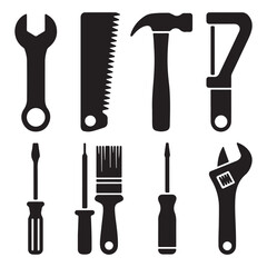 Set of Silhouettes of Various Hand Tools Including Hammers, Wrenches, Saws, and Screwdrivers – Black Icons for Construction, Repair, and Manual Labor
